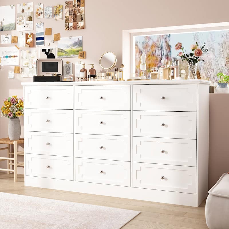 Modern 12-Drawer White Wooden Dresser for Bedroom and Living Room Storage