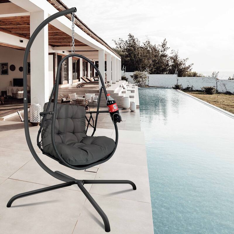 Hanging Swing Egg Chairs Foldable Hanging Basket Chair with Cup Holder - Black