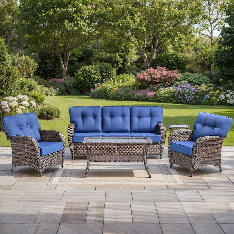 Pocassy 5 Piece Ooutdoor Sofa with Patio Chair Table - Brown Wicker & Blue cushion