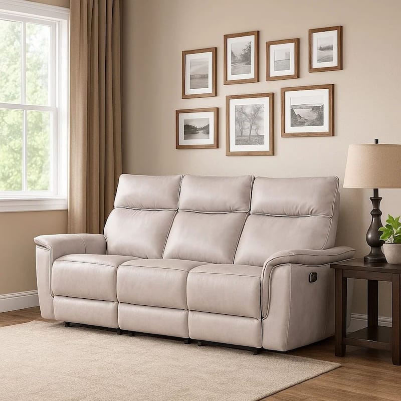 Lenne Sofa, Taupe Gray Faux Leather, Manual Reclining Mechanism, 86 Inch