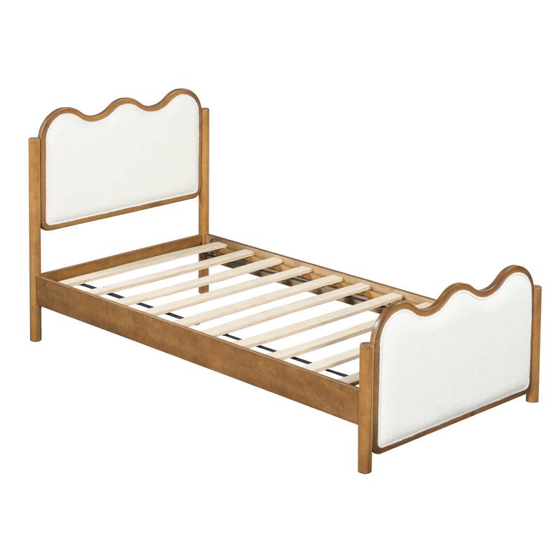 Christopher Knight Home - Modern Upholstered Boucle Bed Frame with Wooden Legs with Wavy Curved Headboard
