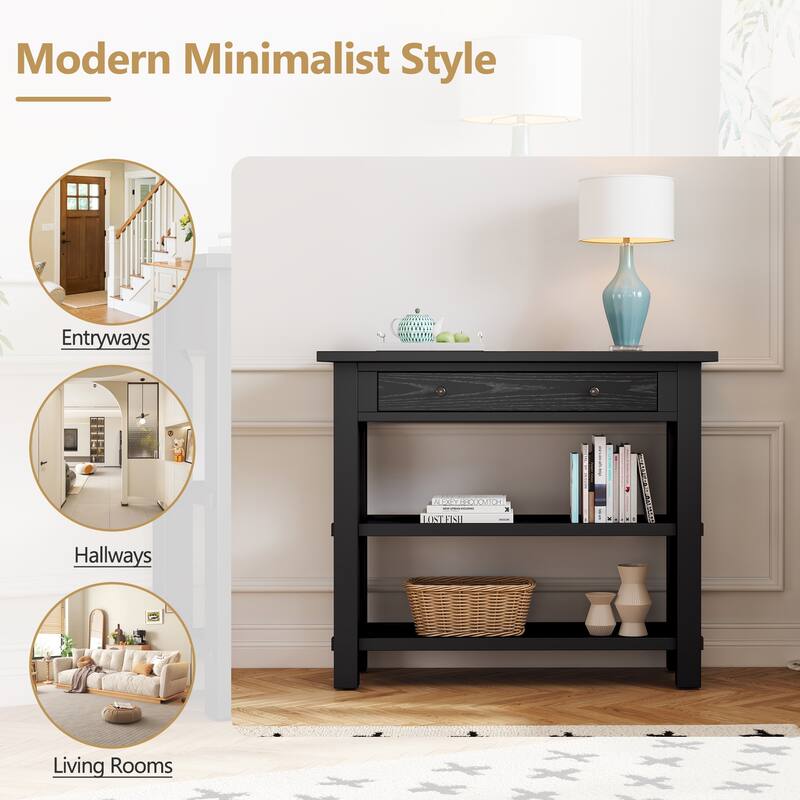 36" Retro Console Table with Drawer and Two Sturdy Shelves for Entryway or Living Room