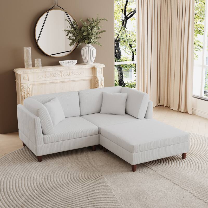 Corduroy Convertible Couch Modular Sectional Sofa with Ottoman - 3-Piece Sea Salt Grey - Symmetrical