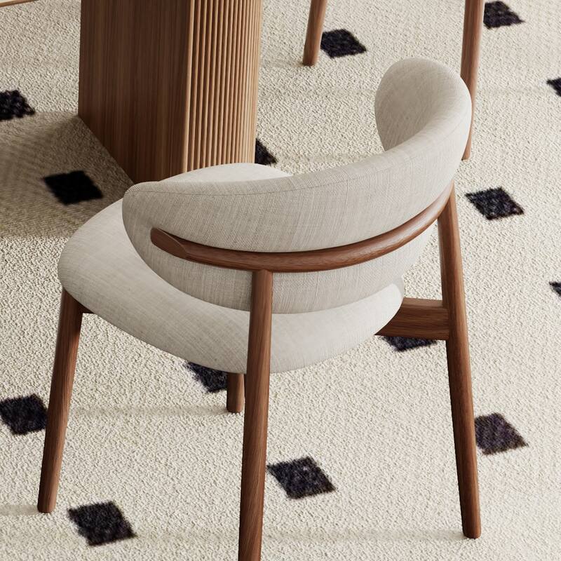 Mid-Century Ash Dining Chair, Solid Wood Legs, Kitchen Chairs with Beige Cotton & Linen Fabric, Set of 2 - Set of 1