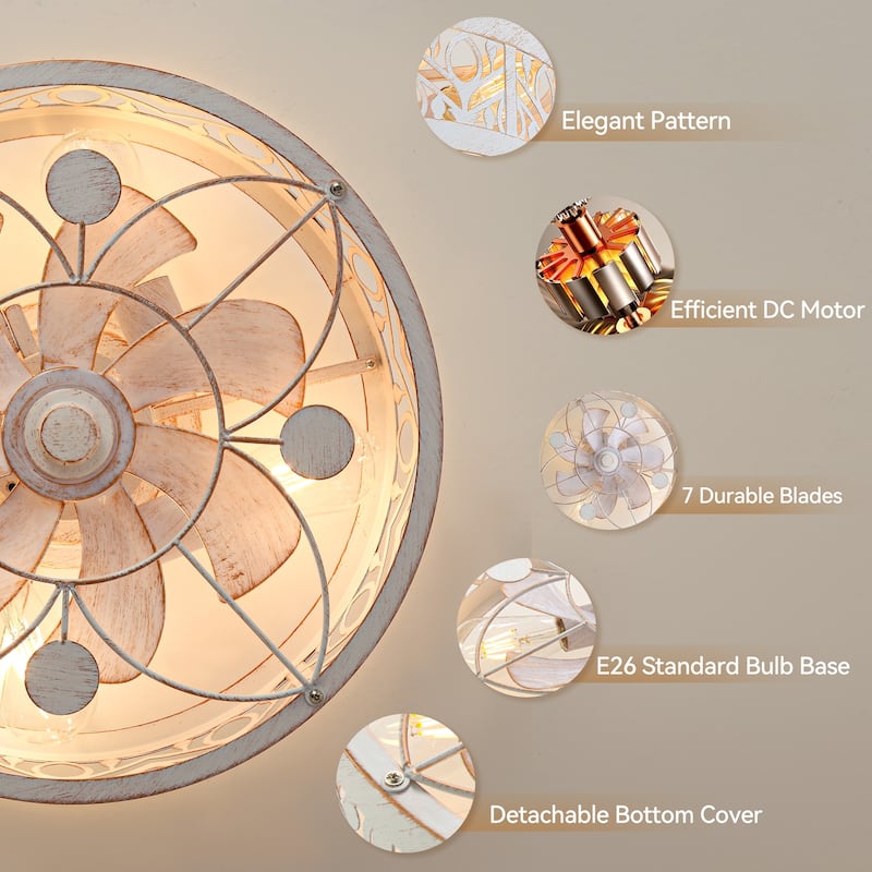 20" 7-Blade Distressed White Flush Mount Caged Ceiling Fan with Light Remote