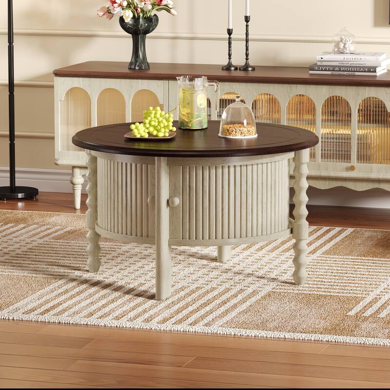 Vintage Round Coffee Table - 30.3" Mid-Century Modern, Sliding Door & Slatted Design