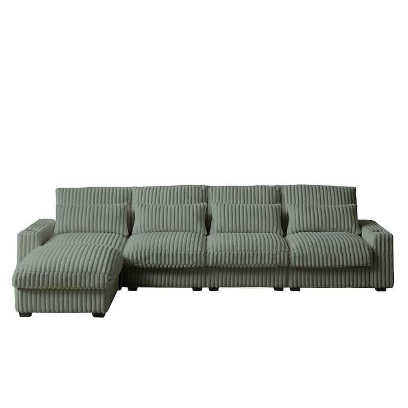 Super Large 126-Inch Corduroy L-Shaped Sofa with Cup Holders, USB Port, Movable Footrest, and 8 Cushions.