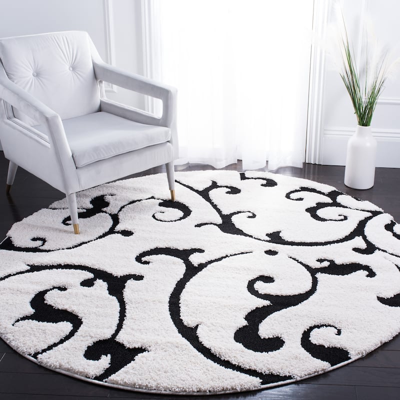 SAFAVIEH Florida Shag Hacer Scroll 1.2-inch Thick Rug - 6'7" Round - Ivory/Black