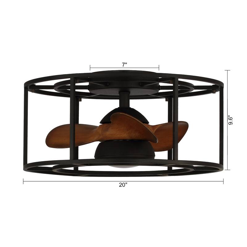 20" Industrial Black Flush Mount DC Motor Ceiling Fan with Light and Remote Control
