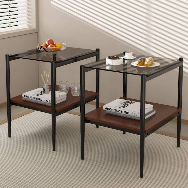 Anmytek Set of 2 Modern Gray Glass Rectangle End Tables Tempered Glass Tabletop Living Room - Grey - Glass