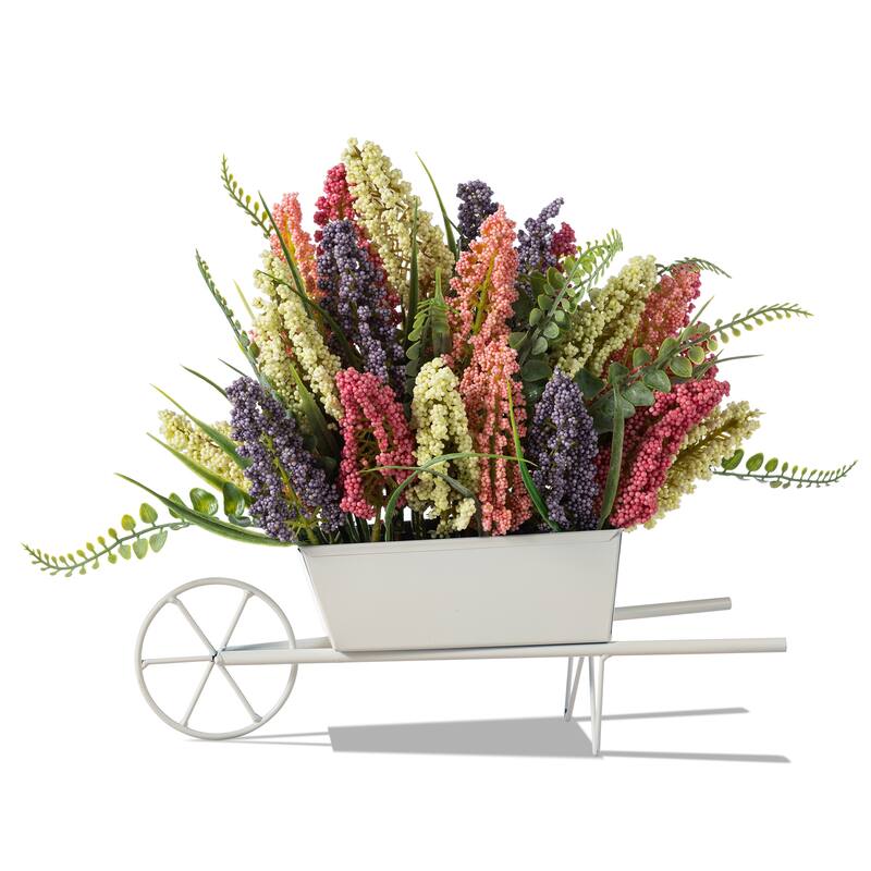 Glitzhome 11"H Pink, Purple & Yellow Mixed Heather Cart Centerpiece