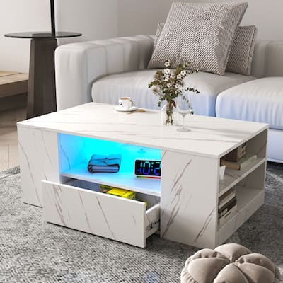 LED Coffee Tables for Living Room, Medium Storage Coffee Table, Wood Center Table with 2 Drawers and Open Side Shelf