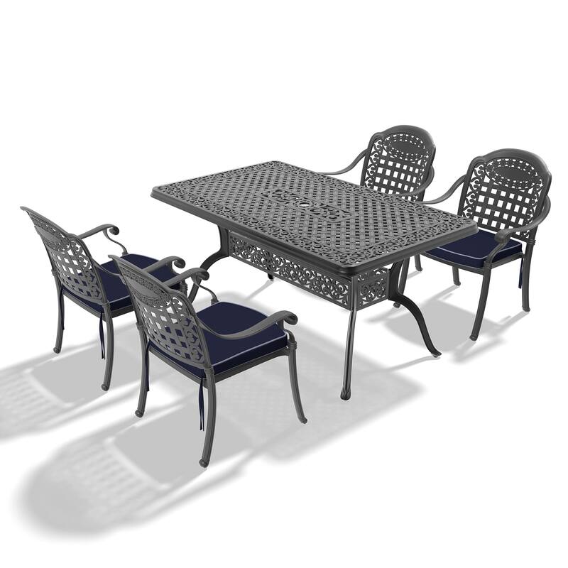 5/7-Piece Cast Aluminum Outdoor Dining Set with 59.06'' L X 35.43'' W Rectangular Table and Random Color Seat Cushions