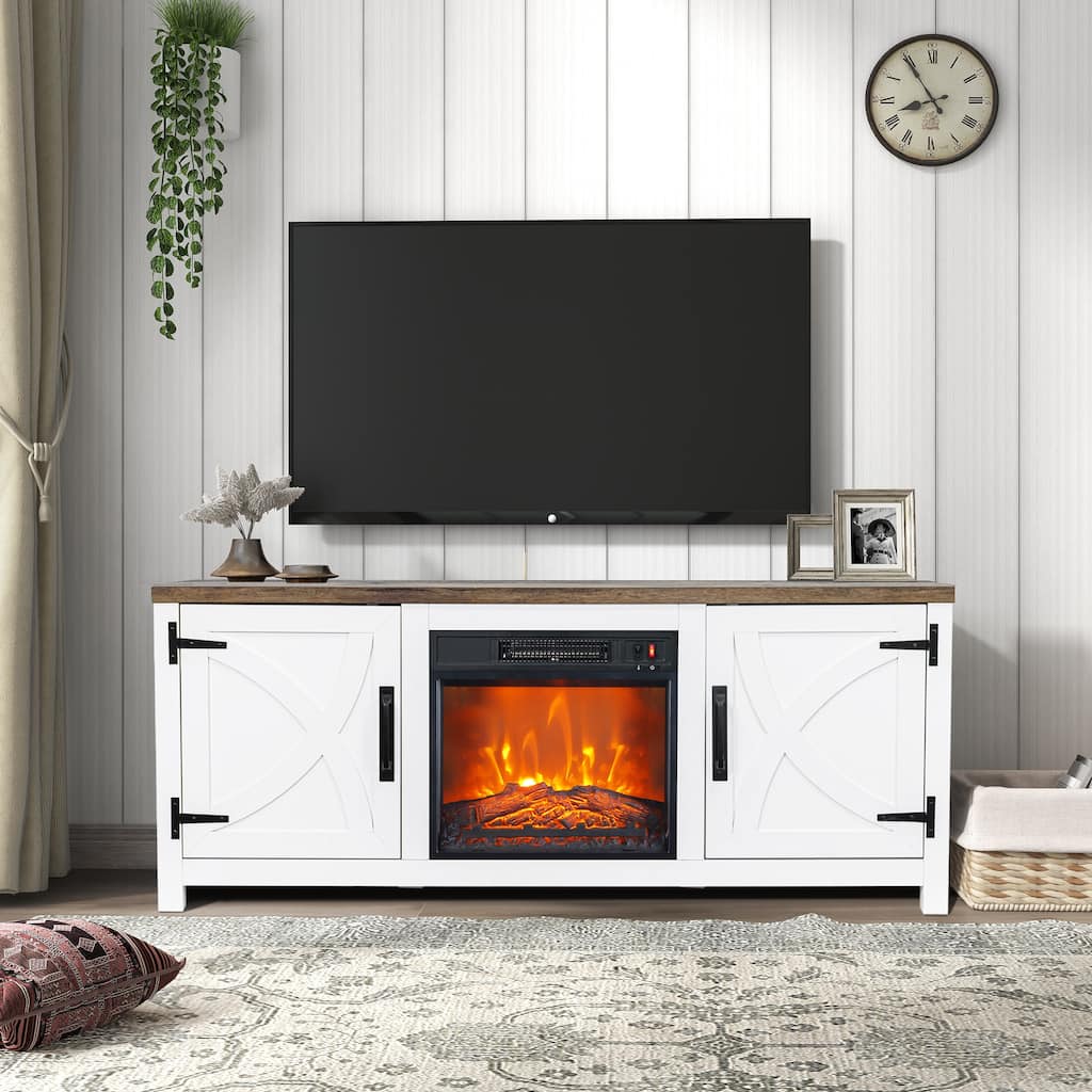 58-Inch Farmhouse Electric Fireplace TV Stand with Storage Cabinets and Adjustable Shelves