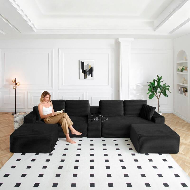 125'' U-Shaped Corduroy Sectional Sofa with Cup Holders, USB Ports and 2 Ottomans - Black