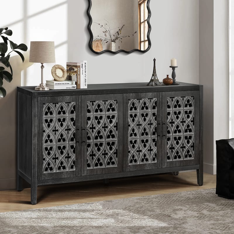 Antique Black Country Style 59.8" TV Stand Cabinet with Wooden Hollowed Out Door and Storage Shelf for Living Room