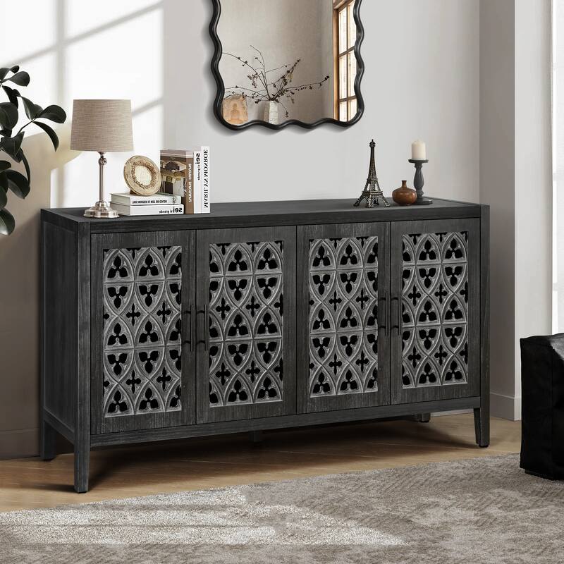 Hollow Carved Buffet Storage Cabinet Sideboard Cupboard Console Table - Antique Black