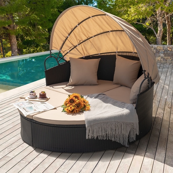 Homall Patio Furniture Outdoor Round Daybed with Retractable Canopy Wicker Sectional Seating with Cushions Separated Seating