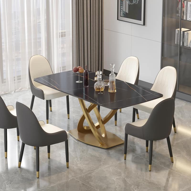71'' Modern Dining Table with Rectangular Sintered Stone Tabletop and Gold Base - black&gold
