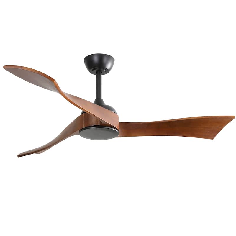 52" Wood Noiseless 3-Blade Ceiling Fans with Dimmable LED Light Optional and Remote, 6-Speed Reversible DC Motor - Black with Brown Blades/Without lights