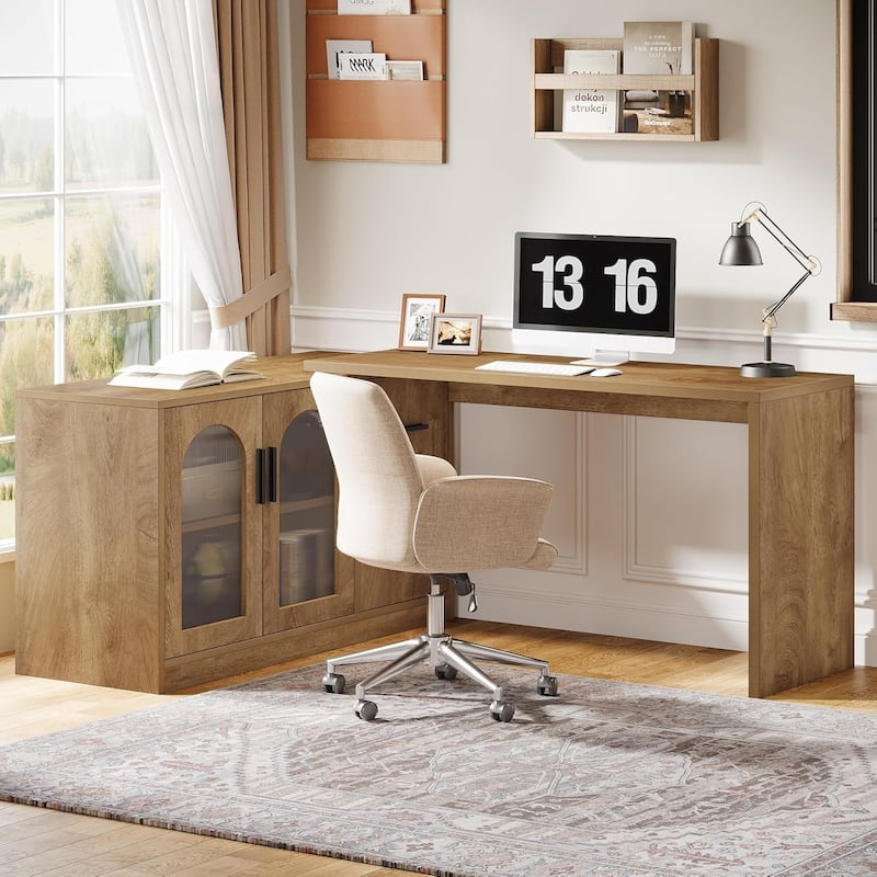 L-Shaped Computer Desk with File Drawers, Reversible Corner Office Desk with Storage Cabinet for Home Office