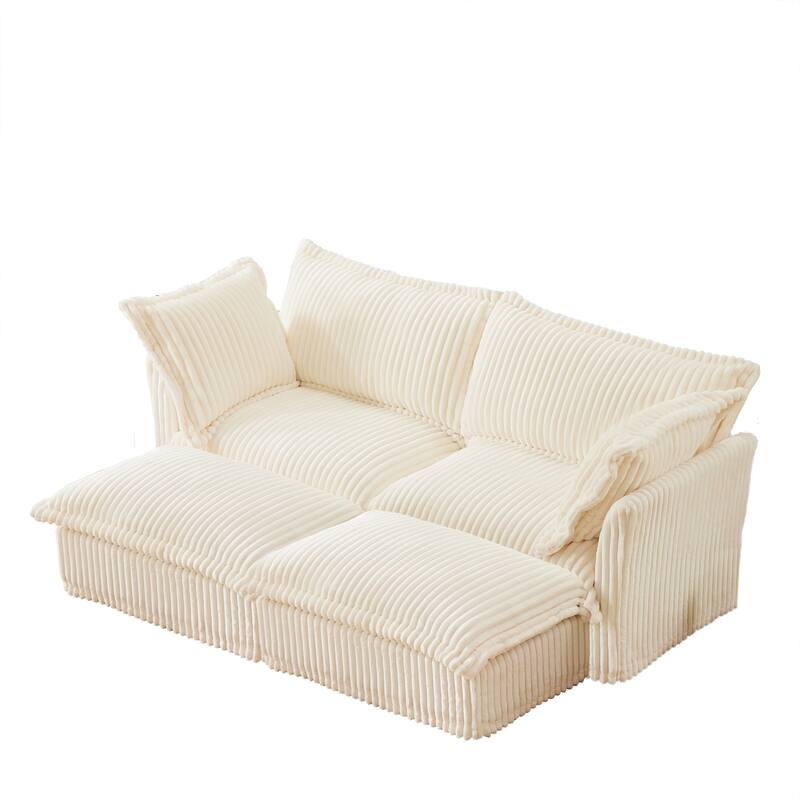 83.4" Corduroy 2-Seater Sofa Set with 2 Ottomans & Sleeper Function and Removable Slipcovers