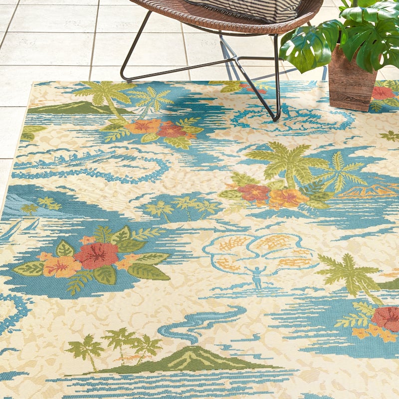 Reyn Spooner Fresco Lanai Beige/Blue Tropical Island Volcano Flatweave Indoor/ Outdoor Area Rug