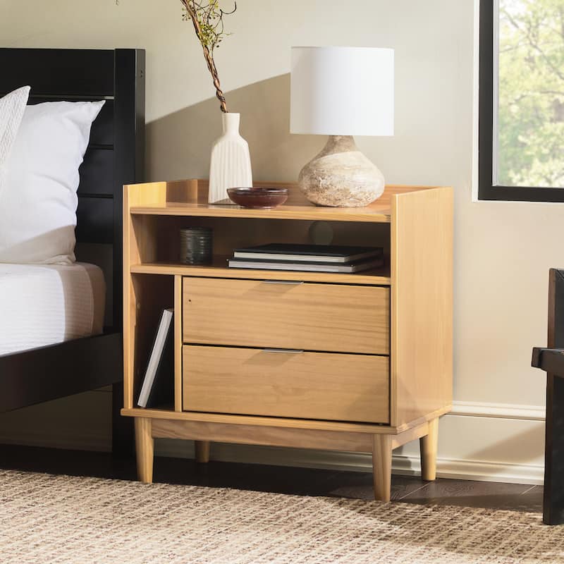 Mid-Century Modern Solid Wood 2-Drawer Gallery Nightstand for Living Room, Bedroom and Office