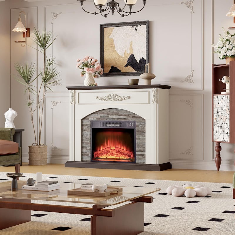 78 inch Electric Fireplace Mantel Fireplace TV Stand Entertainment Center with 30 inch Fireplace Insert Heater and Storage