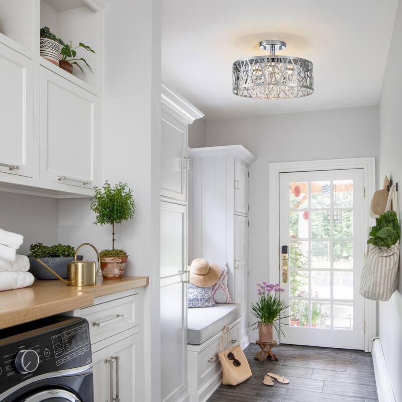 LED Semi-Flush Mount Ceiling Light Metal Carved Shade Crystal Accents - Dia.13.78-in