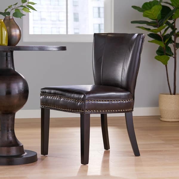 slide 1 of 9, Jackie Contemporary Bonded Leather Dining Chair with Nailhead Trim by Christopher Knight Home Single - Brown - Short