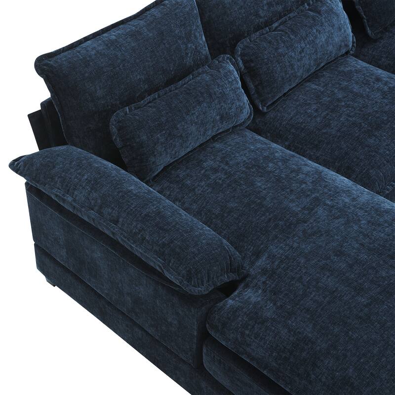 U-shaped Chenille Sectional Cloud Sofa w/Console, Cup Holders, USB