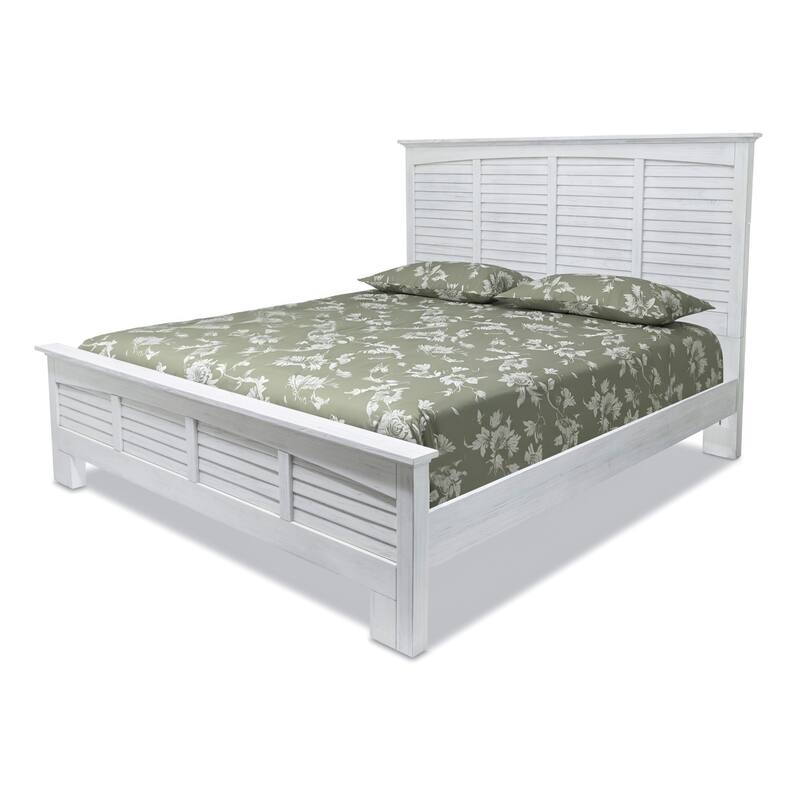 HomeRoots White Plantation Shutter Distressed Solid Wood King Bed Frame
