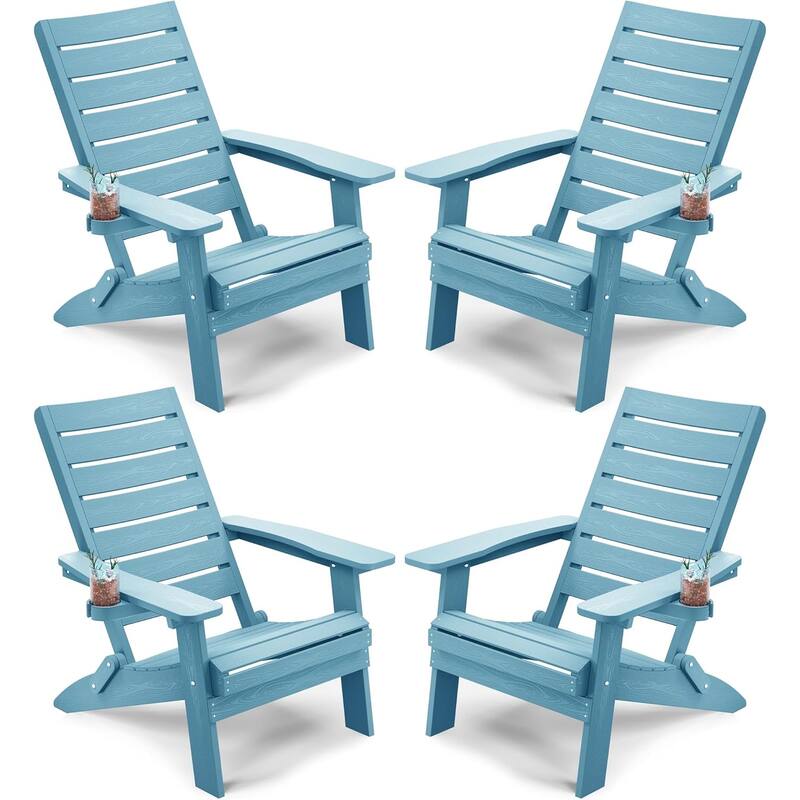 WINSOON HIPS Folding Adirondack Chairs with Arc Back & Cup Holder Set Of 4 - Blue