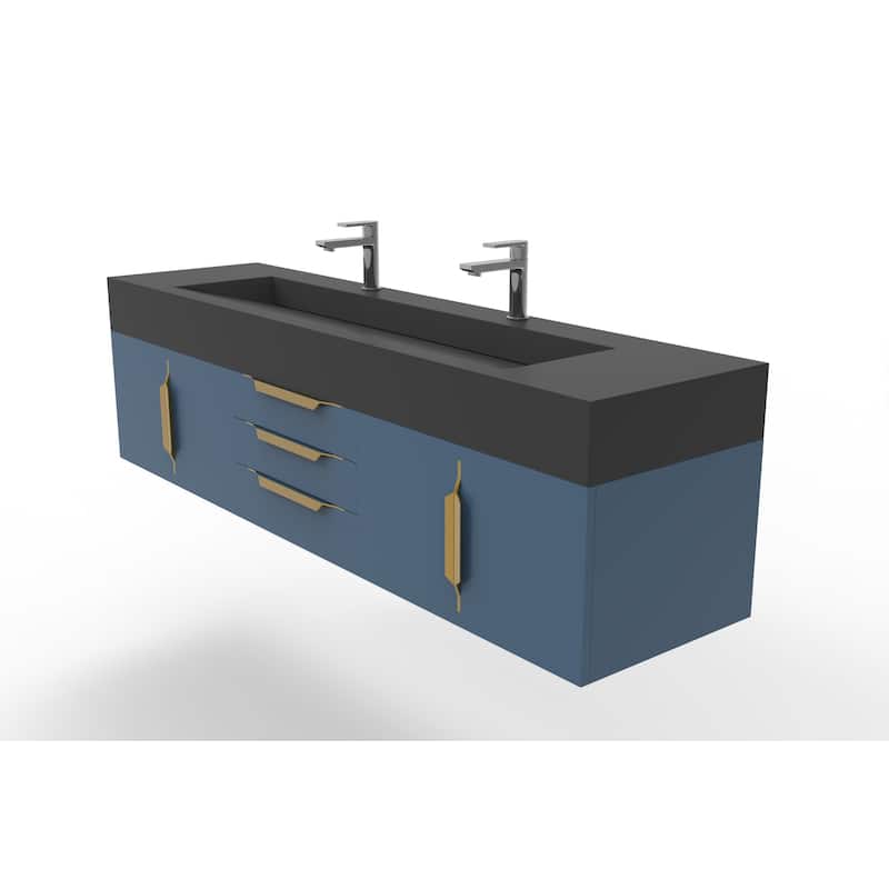 Nile 72" Wall Mounted Bathroom Vanity Set w/ Black Top