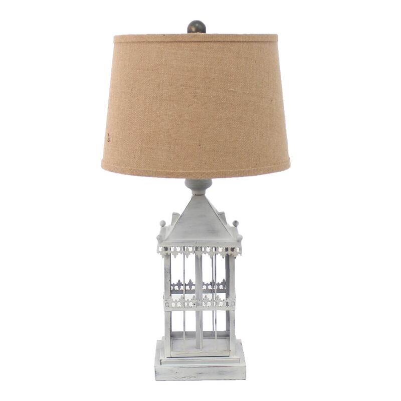 Rustic Grey Metal Table Lamp with Round Brown Linen Shade - 12” x 15” x 25.75” - Grey-Brown