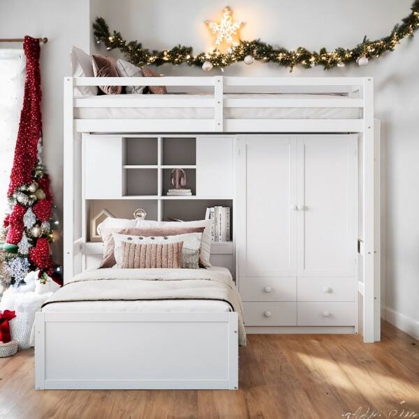 slide 2 of 30, Twin Size Bunk Bed with Drawers, Wardrobe, Storage Shelves and Hydraulic Bed White