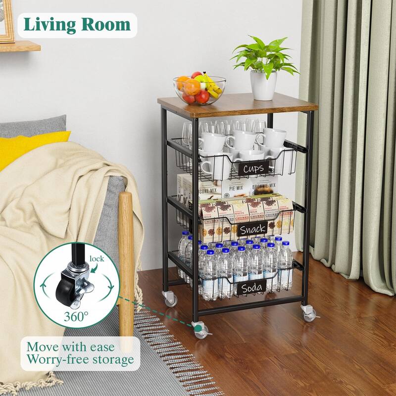 4-Tier Vegetable Fruit Basket Kitchen Storage Rolling Cart on Wheels with Pull-Out Baskets and Wood Top