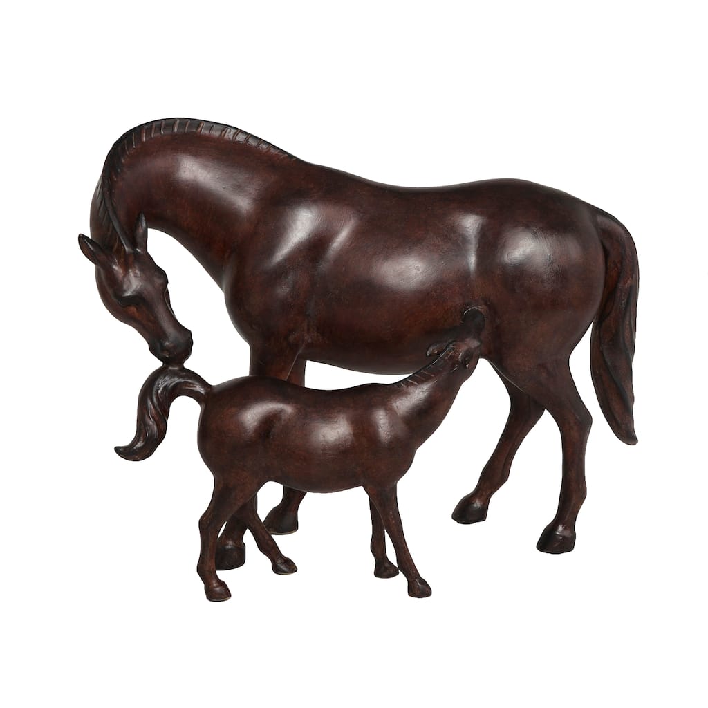 Polystone Horse Sculpture with Mom and Baby - Dark Brown - Roche River Decor - 6"W x 16"L x 12"H