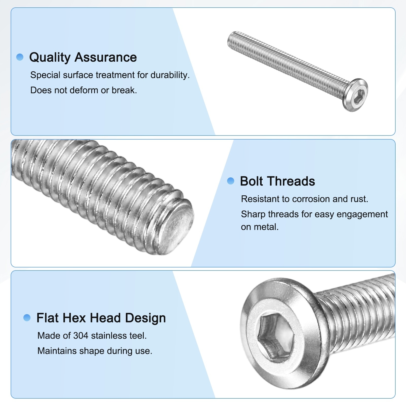 Flat Head Socket Cap Screws 304 Stainless Steel Hex Drive Fastener Kit with Hex Key - Silver