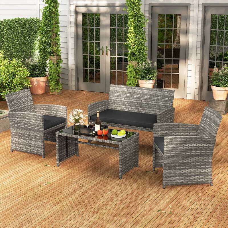 4 Piece Outdoor Patio Furniture Set Mix Gray PE Rattan Loveseat Armchairs and Tempered Glass Coffee Table with Cushions