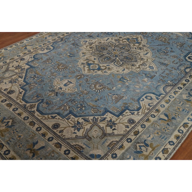 Geometric Blue Tabriz Persian Area Rug Floral Handmade Wool Carpet - 6'7"x 9'6"