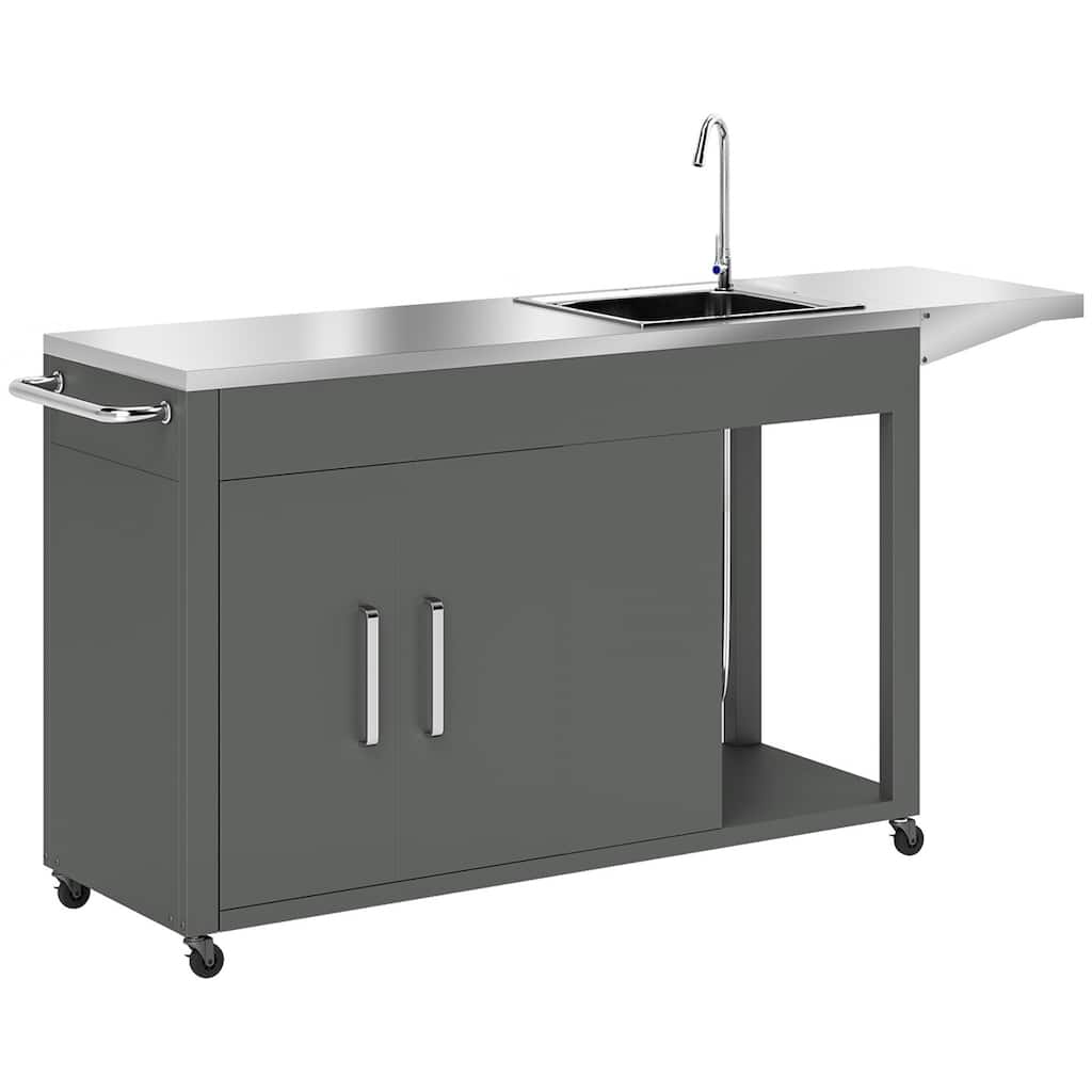 Dark Grey Outdoor Grill Cart with Stainless Steel Sink Foldable Side Leaf and Storage Cabinet - 64" W x 18.5" D x 34.3" H