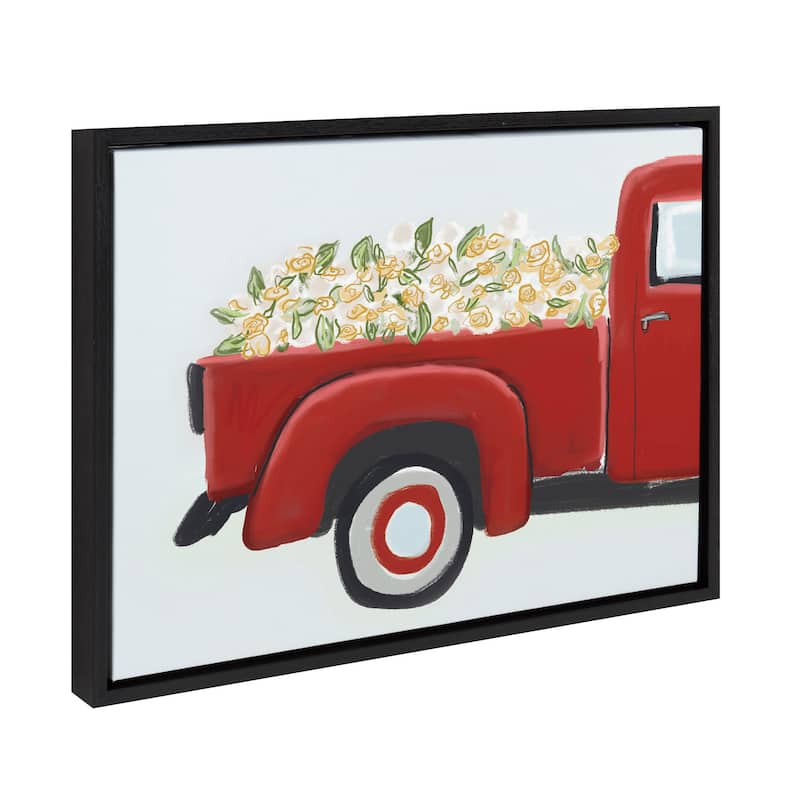 Kate and Laurel Sylvie Red Truck with Flowers Framed Canvas by Border Bloom - 18x24 - Black