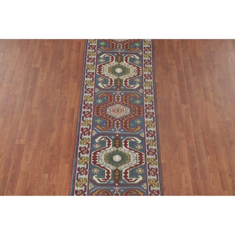 Geometric Blue Kazak Oriental Runner Rug Handmade Wool Carpet - 2'7"x 10'1"