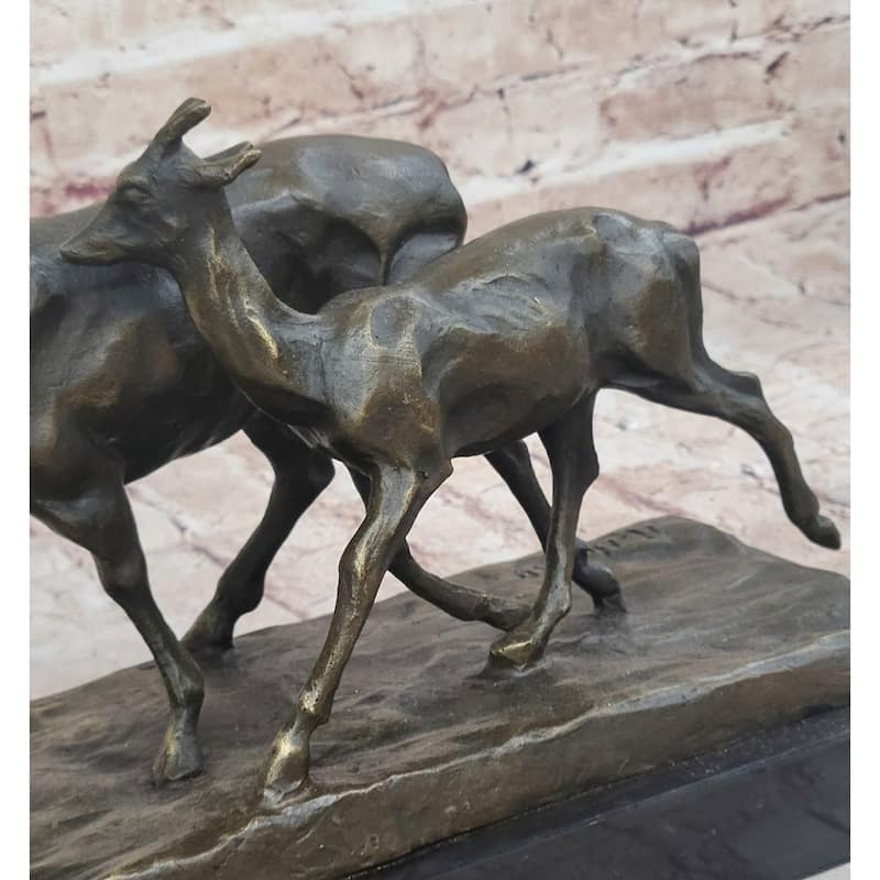 Deer Buck Elk And Doe Fawn Caribou Reindeer Bronze Statue Sculpture Marble Base 11 Inches X 13 Inches