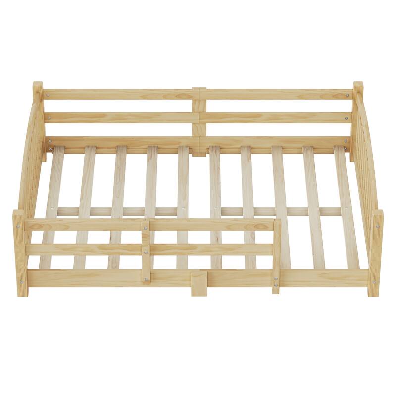 Montessori Solid Pine Floor Bed with Full-Length Safety Fence & Slatted Base by Harper&Bright Designs