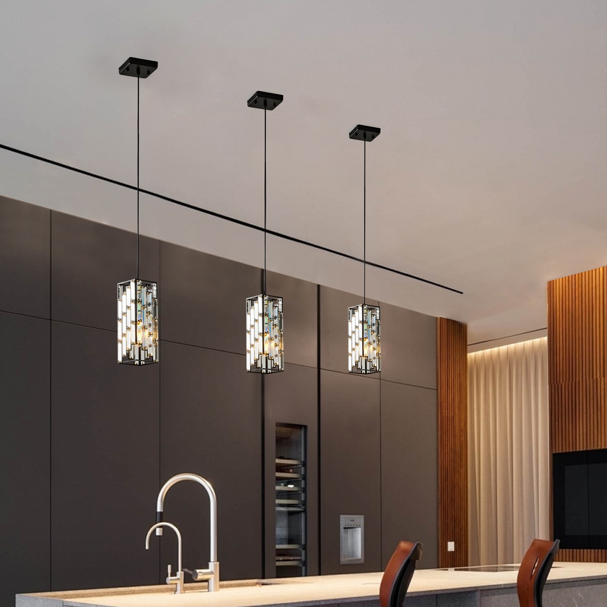 Modern Crystal Pendant Lights Adjustable Black Ceiling Lamps for Dining and Kitchen 3-Pack