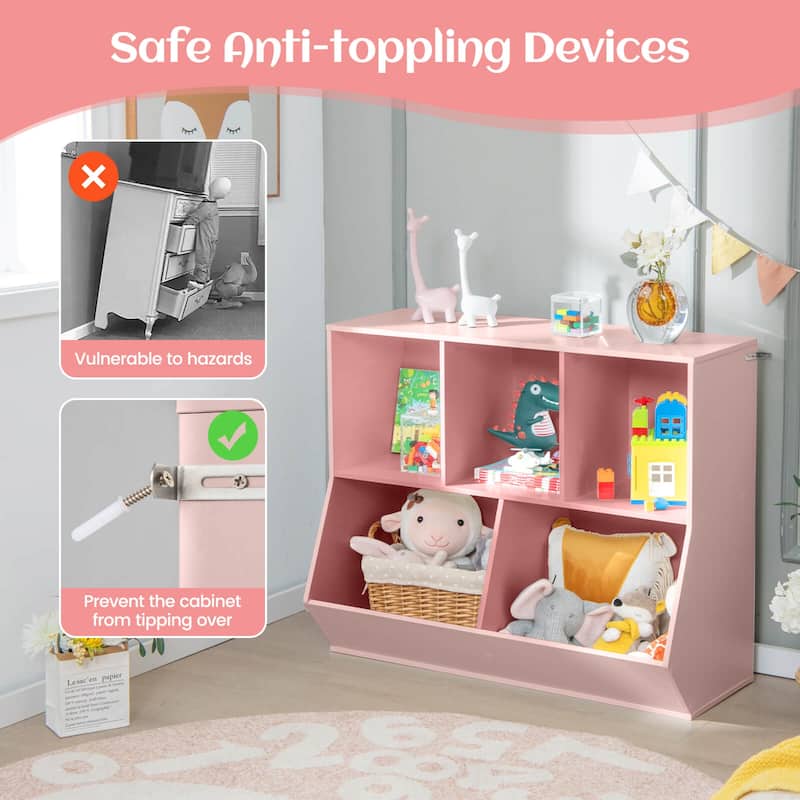 Costway 5-Cubby Kids Toy Storage Organizer Wooden Bookshelf Display - See Details