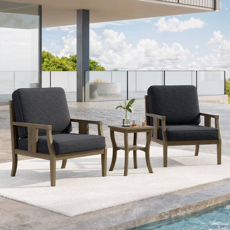 3-Piece Teak Wood Outdoor Armchair Set with Side Table, Cushions, Patio Seating Sets - Natural Wood - Dark Grey